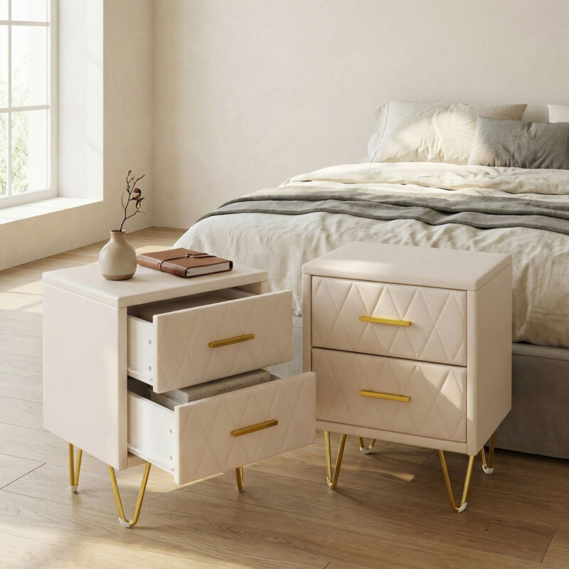 Lonelyo 2er Set Nachttische 41x35, 5x51 Cm, Mit 2 Schubladen, Beistelltisch Aus Gestepptem Stoff Mit Metallbeinen, Samt, Modernes Luxuriöses Design, Beige