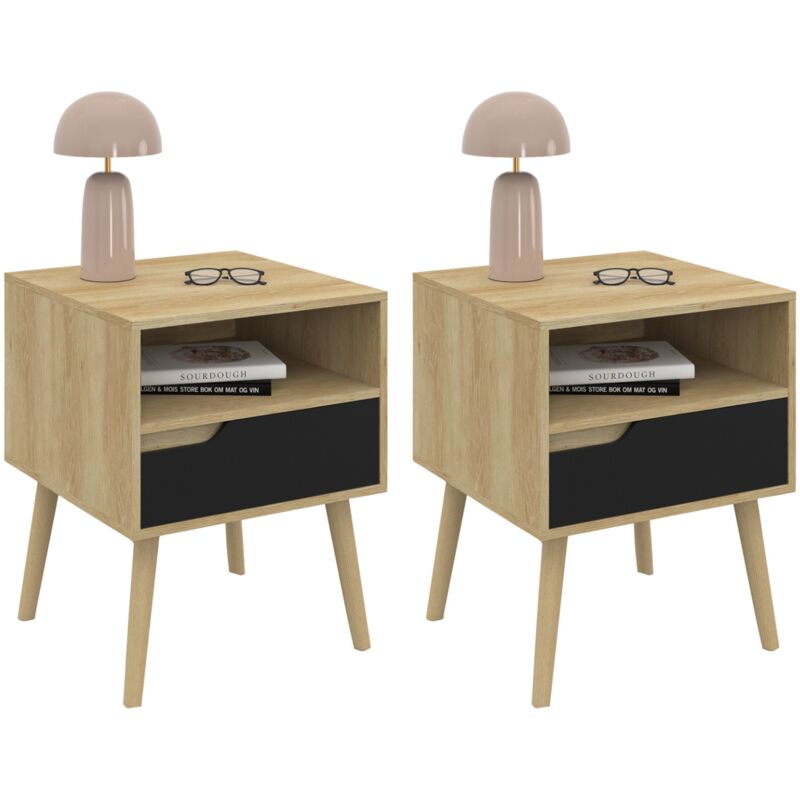 Idmarket Schwarz - Set Aus 2 Skandinavischen Nachttischen Helsinki 1 Schublade Mit Nische In Bucheffekt Und