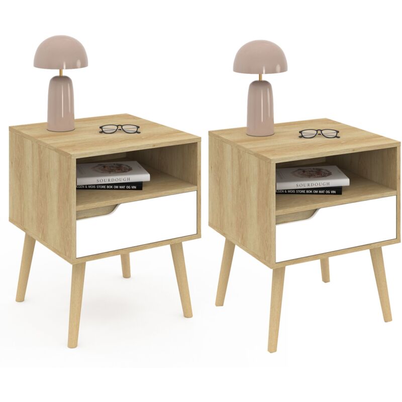 Idmarket Weiß Set Aus 2 Skandinavischen Nachttischen Helsinki 1 Schublade Mit Nische In Bucheffekt Und