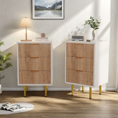 2er-Set Nachttische, mit drei Schubladen, Metallgriffen und -beinen, modernem minimalistischem Stil, Naturholzfarbe