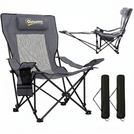 2er Set pliants de camping, chaise de pêche avec dossier réglable, repose-pieds, porte-boissons, appui-tête, gris foncé