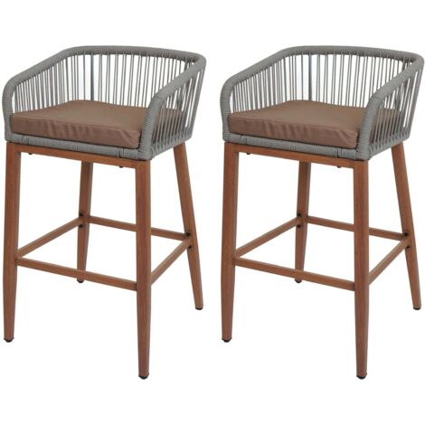 2er-Set Rope-Barhocker HHG-110, Outdoor Sitzpolster Seilgeflecht Metall Holz-Optik hellgrau, Kissen taupe