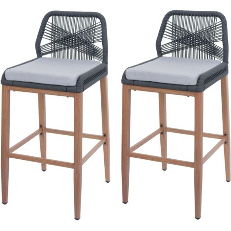 2er-Set Rope-Barhocker HHG-982, Outdoor Sitzpolster Seilgeflecht Metall Holz-Optik anthrazit, Kissen hellgrau