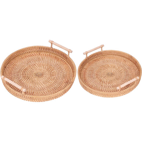 2er-Set runde, handgeflochtene Rattantabletts – Serviertabletts für Tee, Obst, Küche und Zuhause