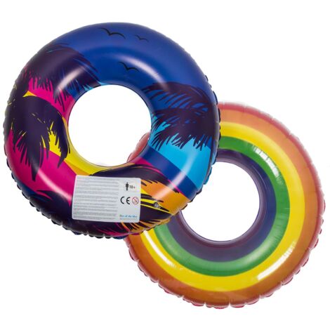 2er Set Schwimmring aufblasbar Pride Regenbogen Retro Palmen 90cm Schwimmreifen Vinyl