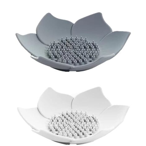 2er-Set Seifenschalen, florale Seifenhalter mit Abfluss, Silikon-Seifenschalen, Küchenseifenhalter, Schwammablage, für Dusche, Badezimmer, Küche, Weiß und Grau