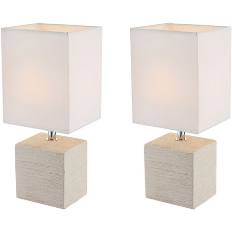 2er Set Tischleuchten GERI Fuß Keramik Beige & Stoffschirm Weiß, Höhe 29cm