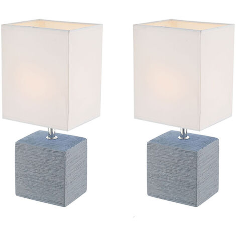 2er Set Tischleuchten GERI Fuß Keramik Grau mit Stoffschirm Weiß, Höhe 29cm