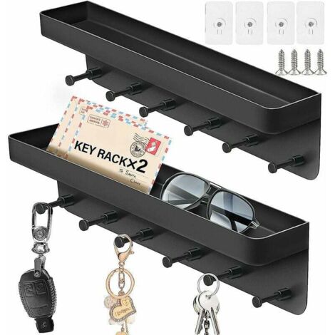 2er-Set Wandschlüsselhalter mit 6 Haken, Wandschlüsselhalter aus Metall mit Ablagefach, Wandgarderoben-Zeitungsständer ohne Bohren, für Wohnzimmer, Badezimmer, Küche, Schwarz