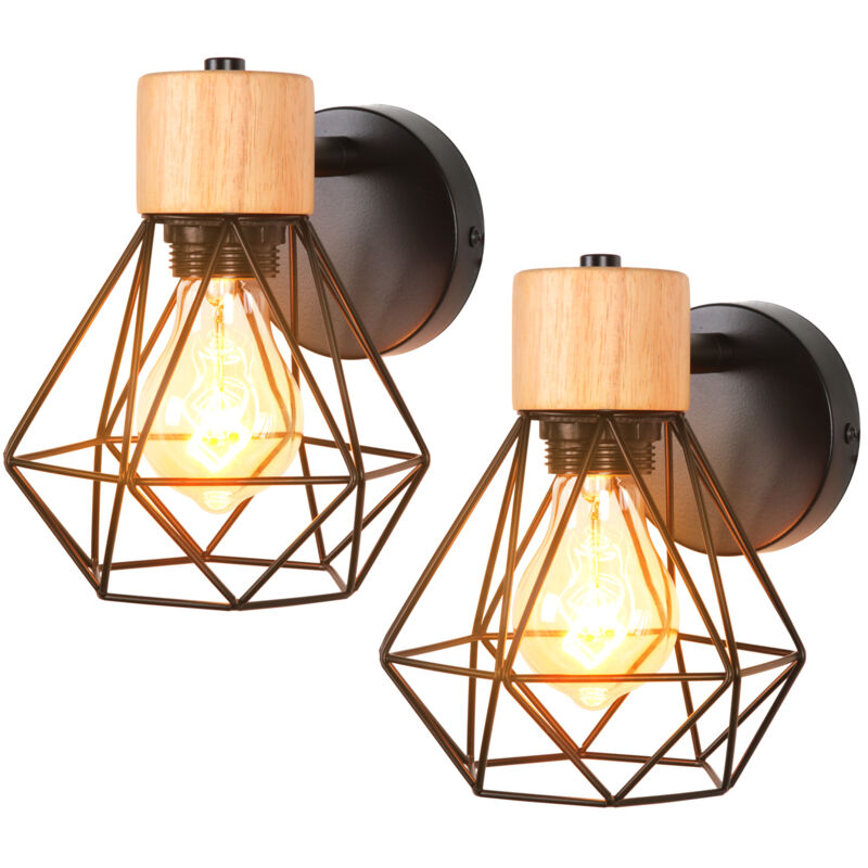 2er Wandlampe Retro aus Holz Eisen Käfig Wandleuchte Drehbare E27 16CM für Flur Wohnzimmer Schlafzimmer Küche Cafét (Schwarz)