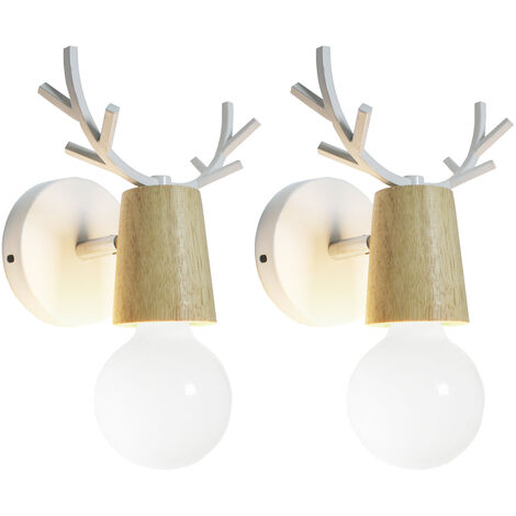 2er Wandleuchte, 1 Flammig Wand Lampe im Geweih Form, Moderne Stil, Licht aus Metall und Holz, E27 Fassung (Weiß)