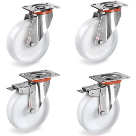 2Gt Roues Et Roulettes – Lot de 4 roulettes INOX pivotantes à frein – 80 mm – Charge 450 kg – Plastique blanc pour sols lisses – Applications industrielles