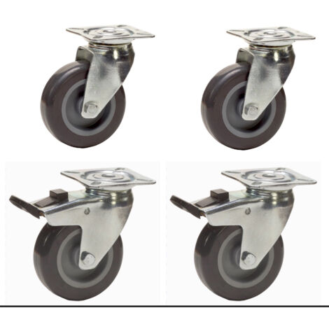 2Gt Roues Et Roulettes – Lot de 4 roulettes pivotantes à frein 75 mm – Caoutchouc thermoplastique gris non-marquants – Charge 180 kg – Fixation à platine