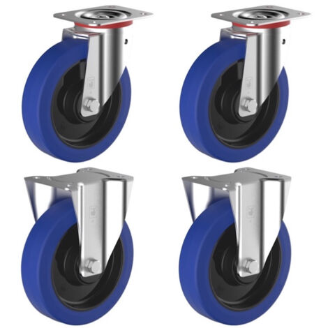2Gt Roues Et Roulettes – Lot de 4 roulettes pivotantes et fixes en caoutchouc EASYROLL® bleu 125 mm – Charge 600 Kg – Pour sols accidentés et mixtes