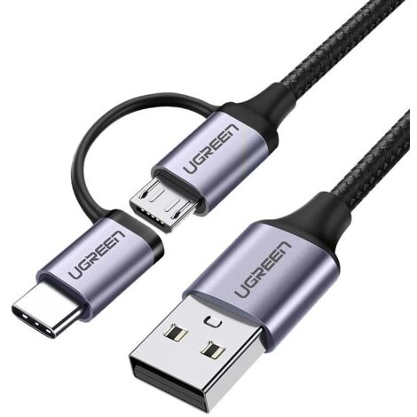 2in1 Kabel, starkes geflochtenes Kabel USB - microUSB + USB-C 1m 2,4A schwarz