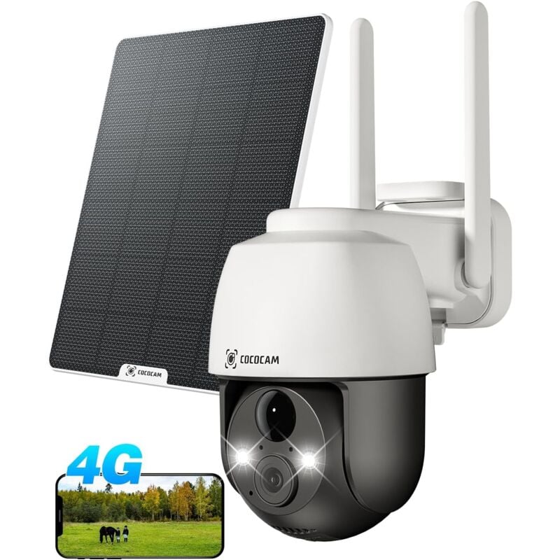 2K Caméra de surveillance solaire 4G LTE COCOCAM PTZ Détection PIR, reconnaissance AI, batterie 10000 mAh, stockage Cloud/TF, compatible Alexa