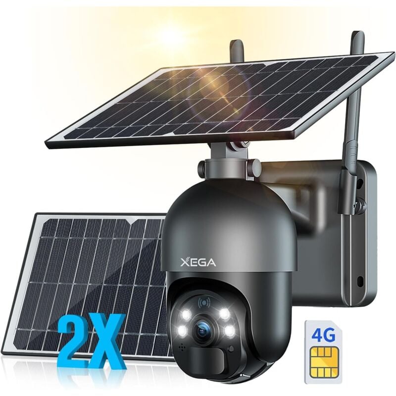 2K hd Caméra de surveillance 3G/4G lte solaire Xega 2 panneaux solaires 6W,détection pir, vision nocturne, audio bidirectionnel, avec carte sim