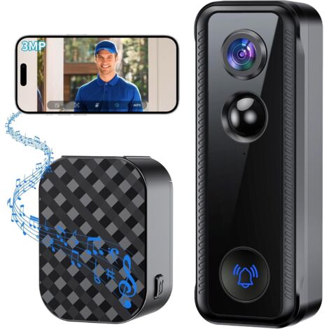 2K Timbre Inalámbrico con Camara, Videoportero WiFi 2.4Ghz, Gran Angular de 145° y Detección PIR, Batería de 5200mAh, Audio bidireccional y Visualización en Vivo, Alarmas, Soporte con Alexa