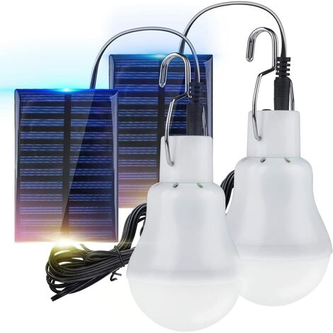 2Lampe Camping Solaire Portable, Ampoule Solaire LED Lampe Urgence Solaire Lumière Jardin Lanterne Éclairage Solaire avec Panneau Ampoule à Crochet pour Camping,Pêche,Randonnée,Intérieur