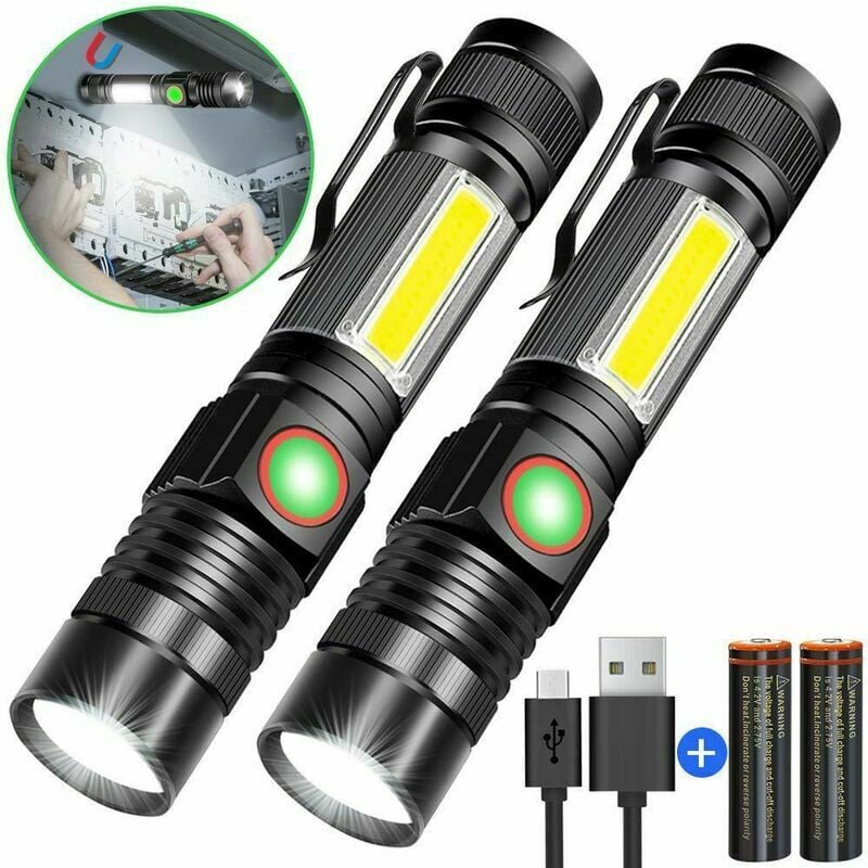 2xLampe de Poche,Lampe Torche Led Puissante Rechargeable usb, Camping,Randonnée etc,éclairage de sécurité(18650 Pile Rechargeable incluse)