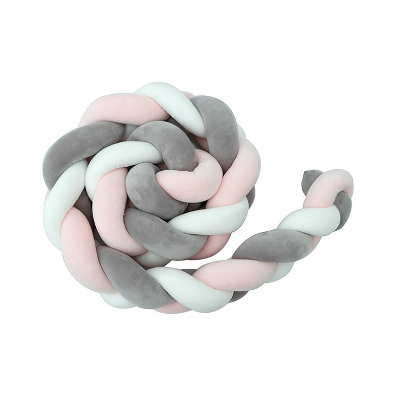 2M Baby Bed Bumper Cushion Snake Braid Bumper Velvet Baby Anti-collision Protection Cloth Fence (White+Gray+Pink)