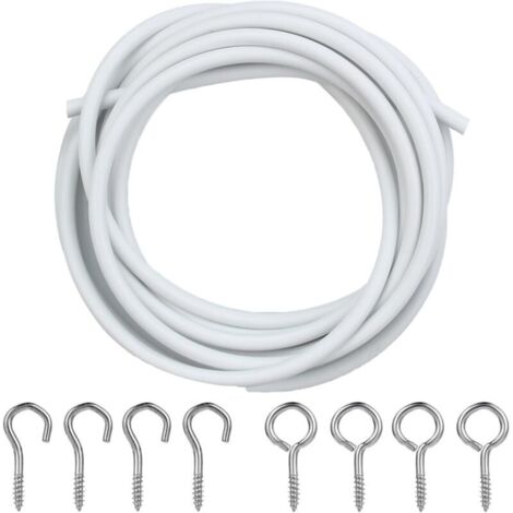 2M Blanc Cable Rideau, Câble pour Rideaux avec 4 Pièces Crochets et 4 Pièces Yeux œillets, Corde Suspendue Kit pour Rideau pour Tringles à Rideaux et Suspension de Photos