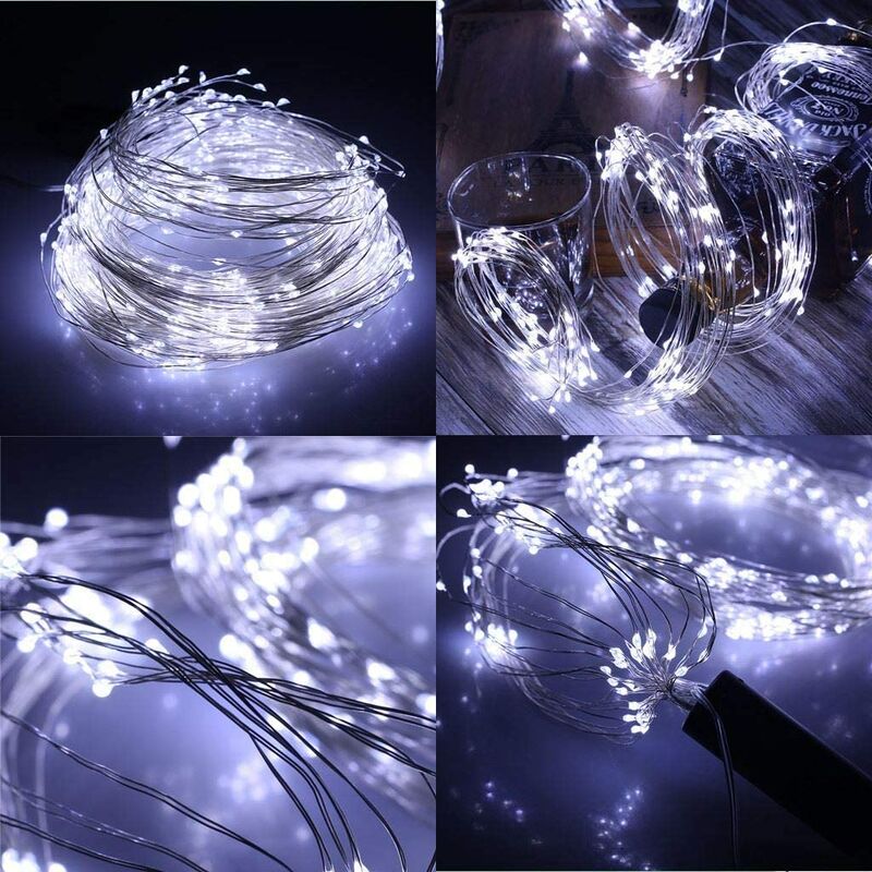 Shatchi - 2M Long 20 Cool White led Lights Silver Copper Wire Indoor Battery Operated StringLights - White