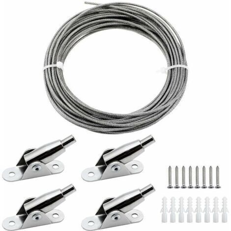 2mm x 10m Câble en Acier Inoxydable Revêtu de PVC Cadre Suspendu avec Câble Métallique Codes Fixes Vis pour Suspendre Photo Vêtements Lampe Rideaux Charge Max de 30KG