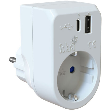 2p+e Adapter, 16a 250v. +usb A+usbc 3a 5vdc. 860usbac Solera