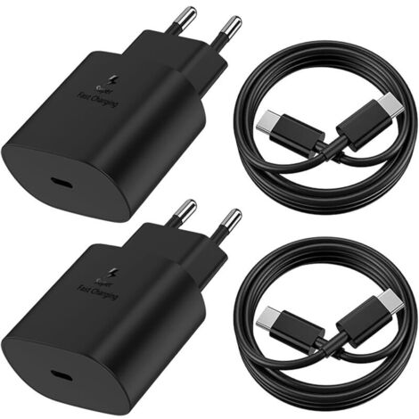 2Pack 25W Chargeur USB C avec 2 Câbles de 2M,Charge Rapide pour Samsung Galaxy S25/S24/S23/S22/S21 Ultra/S21+/S20/Note20/S10/S9,iPhone 16 Pro Max/15 Plus/iPad Pro,Adaptateur Secteur