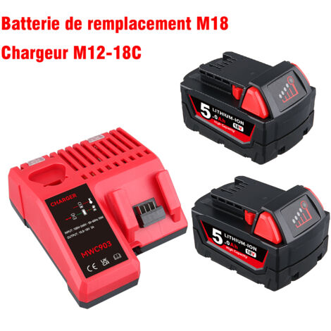 PDSTATION 2Pack 5.0Ah For Milwaukee M18 M18B6 18Volt Li-lon XC High Capacity Battery and M12-18C Charger