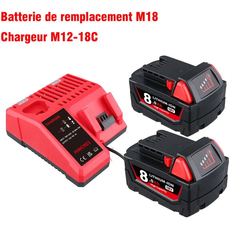 Pdstation - Lot de 2 batteries de rechange 8 Ah pour Milwaukee M-18, lithium-ion et chargeur, compatibles avec les outils électriques sans fil