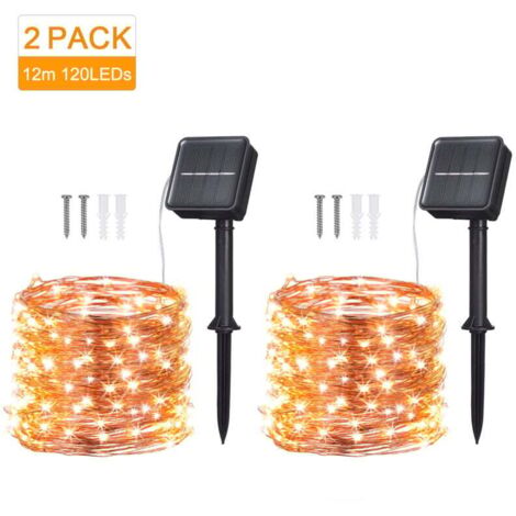 2pack Guirlande Solaire Exterieur, 12M 120 LED Guirlande Lumineuse Solaire Exterieure Étanche 8 Modes Décoration Lumière pour Jardin Terrasse Cour Maison Noël Mariage Fête Blanc Chaud