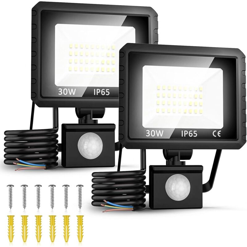 2Packs Projecteur Led Exterieur Detecteur de Mouvement - 30W Led Murale Alimentation D'énergie Projecteur Extérieur Etanche Eclairage Exterieur