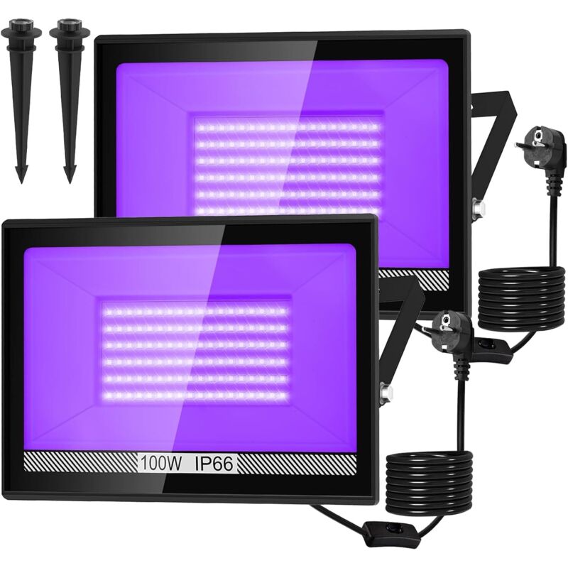 2paquet Lumière Noire LED 100W, 395nm Lumiere Noir Soiree Fluo, IP66 Etanche Lampe UV avec Prise, Projecteur LED UV pour Body Painting, Aquarium,