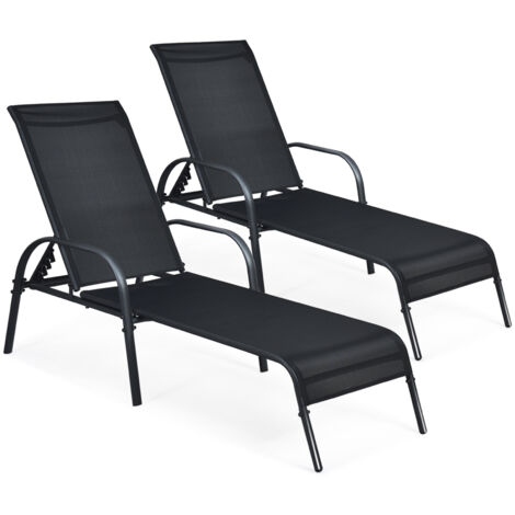 2pc Bain de Soleil Inclinable à Dossier 5 Niveaux, Transat Jardin Exterieur avec Roues, Charge 160 KG, pour Terrasse Cour Piscine Plage Balcon