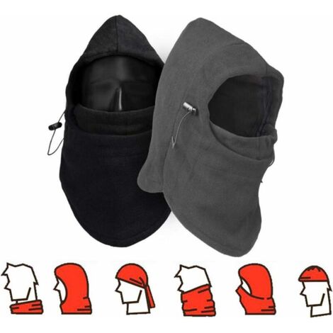 2pc Cagoule de Masque, 6 en 1 Multifonction Balaclava Chapeau Polaire Garder Chaud Cache-Oreilles Nez Tête Tour de Cou pour Temps Froid Ski Outdoor Moto Montagne Camping Randonnée Hiver-Noir Gris
