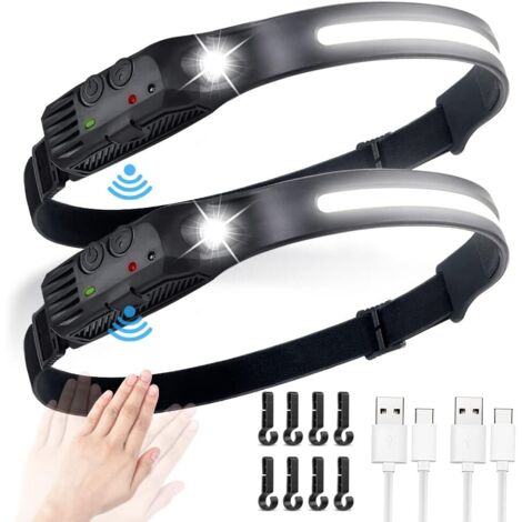2PC Lampe Frontale Rechargeable, Lampe Frontale LED Rechargeable USB, 600 Lumens IPX4 Étanche Mouvement Lampe, 5 Mode d’Éclairage Détecteur Pour Camping Randonnée [Classe énergétique A+++]