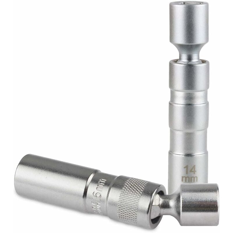 2pcs 14mm/16mm Douille de bougie d'allumage pivotante magnétique, 3/8' cle bougies voiture douze pans avec conception pivotante (Matériau cr-v)