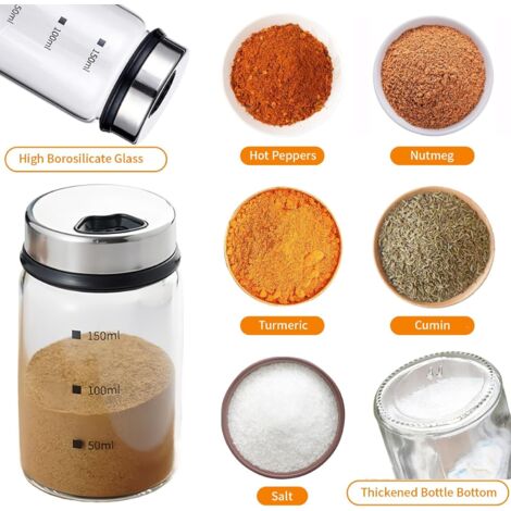 2Pcs 150ml Bocaux à Épices avec Couvercle Rotatifs & 4 Types Trous épices Coulée Réglables, Pots à Salières et Poivrières Verre Borosilicaté, Bocaux Rangement pour Sels Cuisine, Barbecues à Extérieur