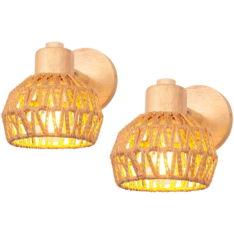 2PCS 15CM Applique Murale Intérieure Lampe Murale Réglable en Bois et Rotin Rétro E27 Luminaire Applique Vintage pour Chambre Salon