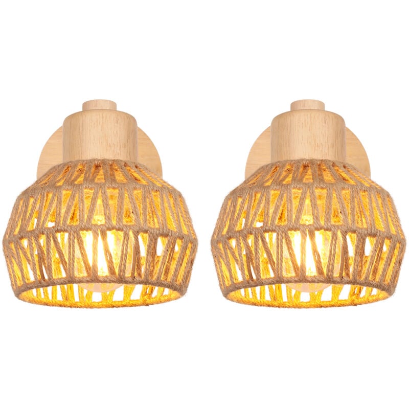 2PCS 15CM Applique Murale Intérieure Lampe Murale Réglable en Bois et Rotin Rétro Luminaire Applique Vintage E27 pour Chambre Salon