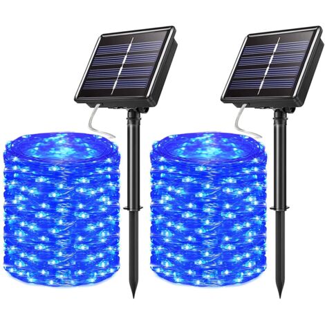 2PCS 15m 150 LED extérieure solaire Fairy Tale light avec 8 modes imperméable à l'eau décoratif cuivre fil lumière pour jardin arbre Noël (Bleu)
