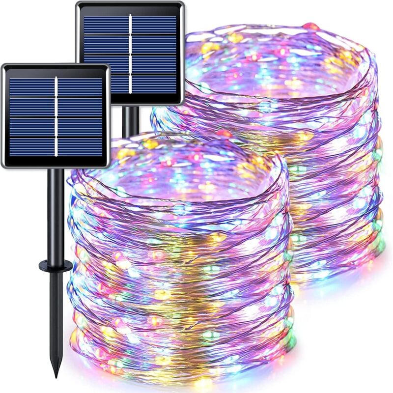 2PCS 15m 150 LED extérieure solaire Fairy Tale light avec 8 modes imperméable à l'eau décoratif cuivre fil lumière pour jardin arbre Noël (couleur)