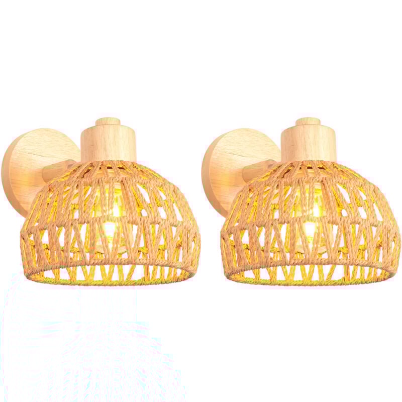 2PCS 20CM Applique Murale Intérieure Lampe Murale Réglable en Bois et Rotin Rétro E27 Luminaire Applique Vintage pour Chambre Salon