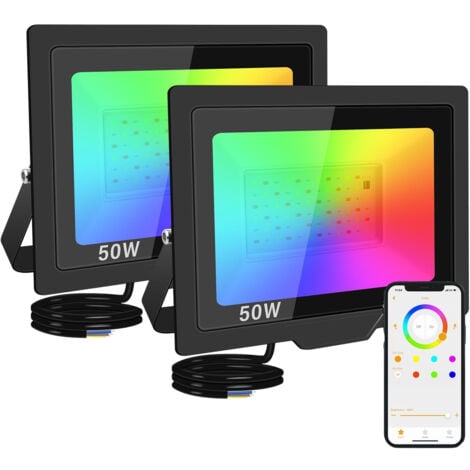 BLEOSAN 2PCS 50W RGBCW LED-Flutlicht für den Außenbereich mit Außen- und Innenanwendung, mehrfarbiges 4-Modi-Flutlichtlicht, Neon-LED-Strahler für Garten, Terrasse, Terrasse, IP66 wasserdicht