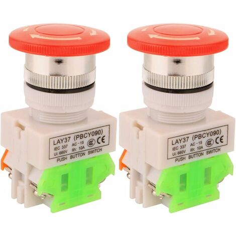 2pcs AC 10A 22mm L'arret D'urgence Bouton Poussoir NO/NC Rouge Capuchon Champignon