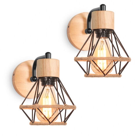 2PCS Aplique Retro Vintage Lampara De Pared De Hierro Y Madera Lámpara De Pared Interior Negro Para Salón Dormitorio Cocina
