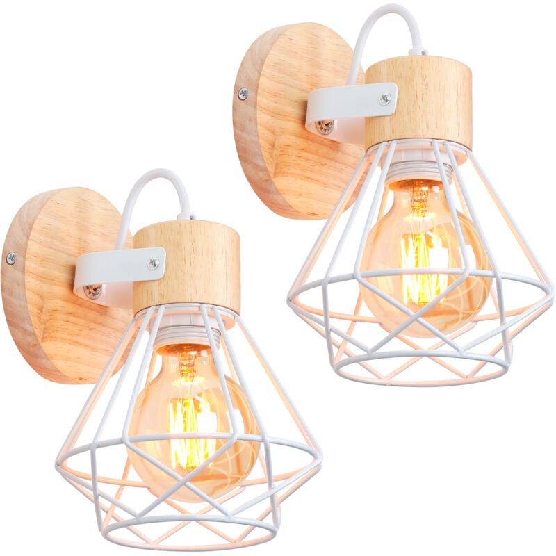 2PCS Applique Murale En Métal Applique Murale Rétro Applique En Bois Applique D'Intérieur Blanc E27 Applique Moderne Lampe Murale Cage En Diamant