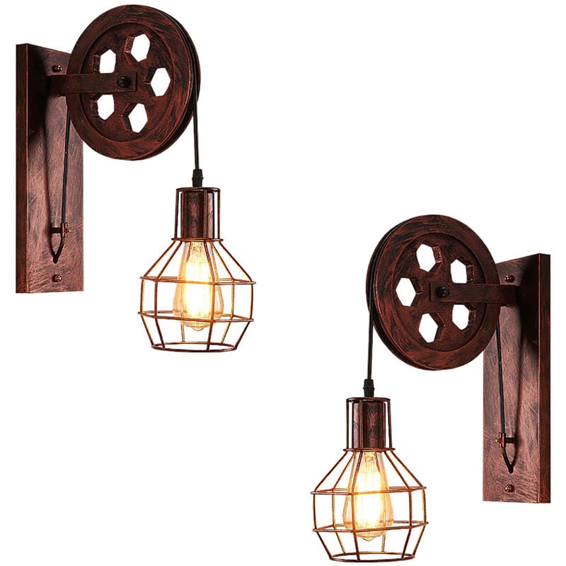 2PCS Vintage Industrielle Fer Applique Murale Style Américain Lampe en Poulie Luminaire Eclairage pour Escalier Restaurant Rouge